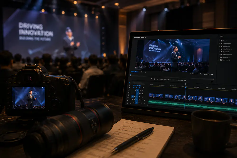 Cinematic event workspace showing the difference between still photography and video storytelling